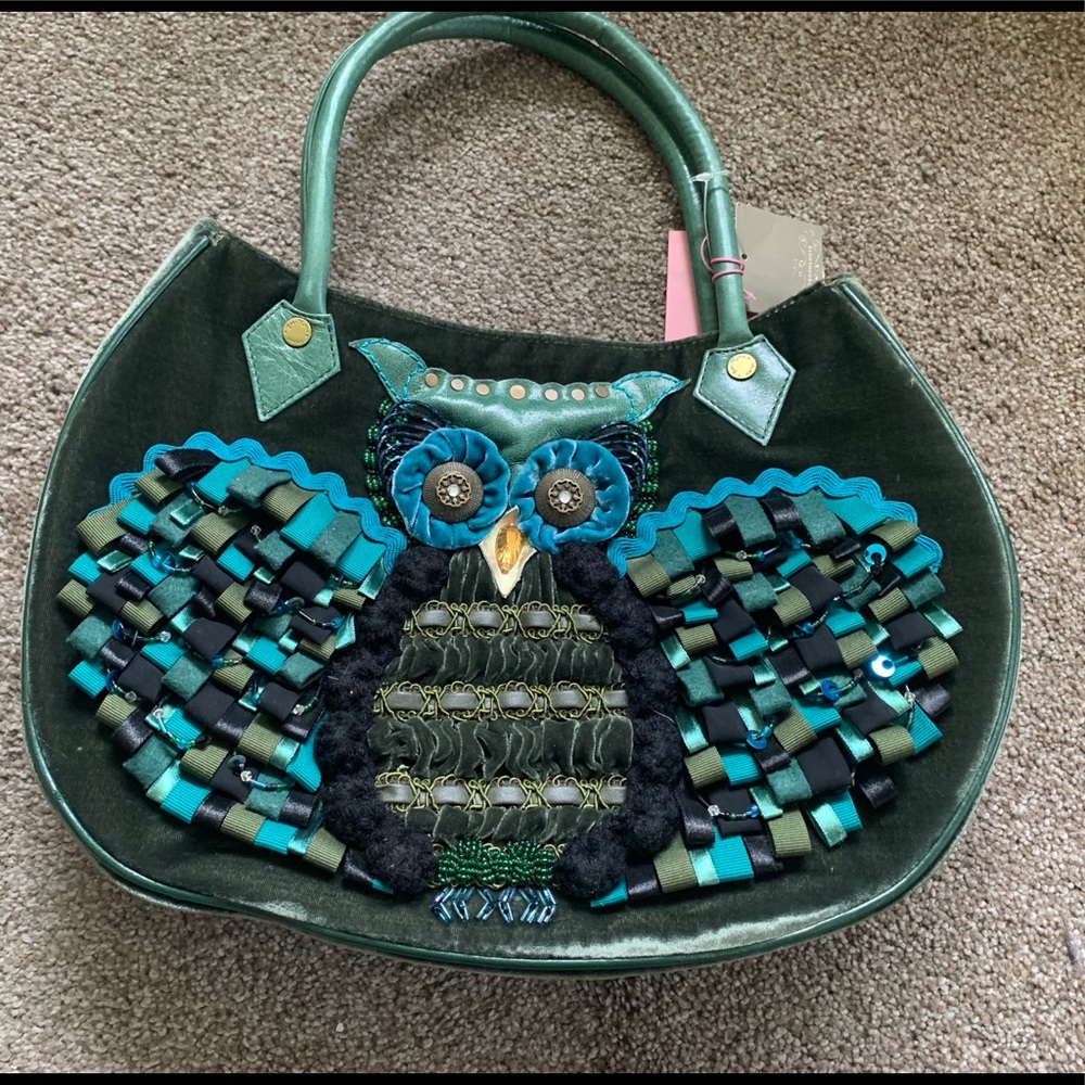 Anthropologie Green Teal Velvet Owl Embellished Shoulder Bag - Picture 3 of 5